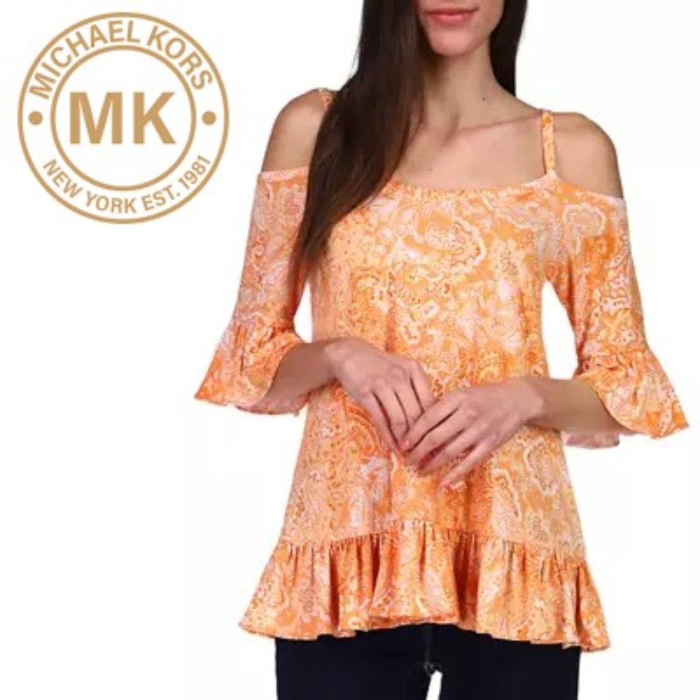 🎩🗝️NWT $84 Michael Kors Paisley Print Ruffle Cold Shoulder Top S/M